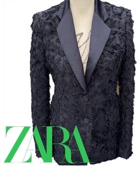 Zara Navy Eyelash Fringe Tuxedo Jacket Blazer (XS)